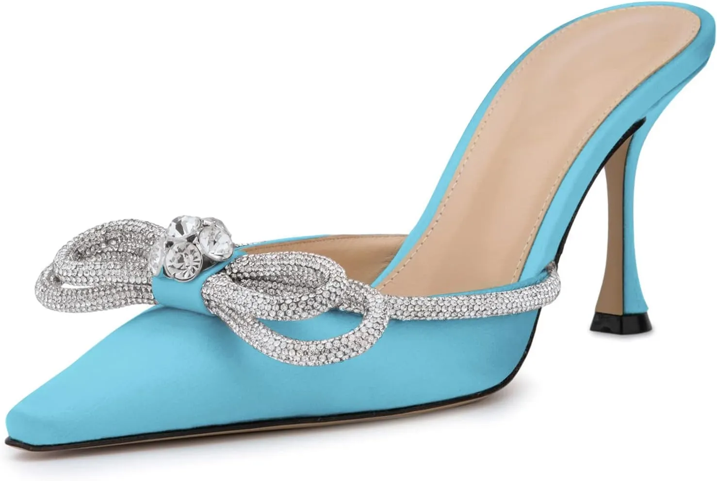 LauraVicci Women High Heeled Mules Rhinestone Embellished Crystal Double Bow Satin Sandals Pointy Toe Stiletto Shoes Summer Bridal Shoes