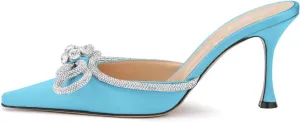 LauraVicci Women High Heeled Mules Rhinestone Embellished Crystal Double Bow Satin Sandals Pointy Toe Stiletto Shoes Summer Bridal Shoes