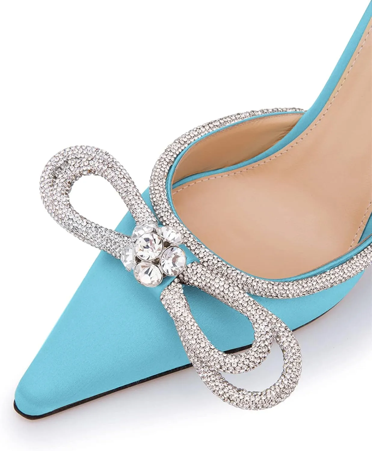 LauraVicci Women High Heeled Mules Rhinestone Embellished Crystal Double Bow Satin Sandals Pointy Toe Stiletto Shoes Summer Bridal Shoes