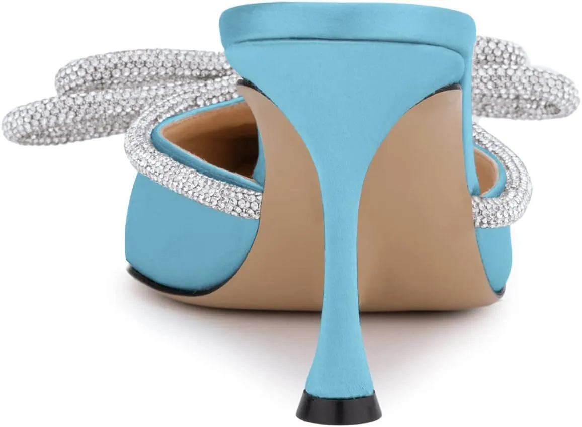 LauraVicci Women High Heeled Mules Rhinestone Embellished Crystal Double Bow Satin Sandals Pointy Toe Stiletto Shoes Summer Bridal Shoes