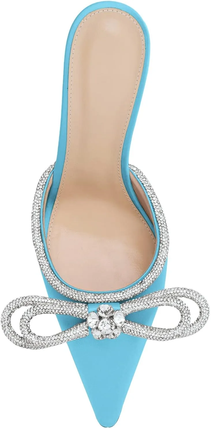 LauraVicci Women High Heeled Mules Rhinestone Embellished Crystal Double Bow Satin Sandals Pointy Toe Stiletto Shoes Summer Bridal Shoes