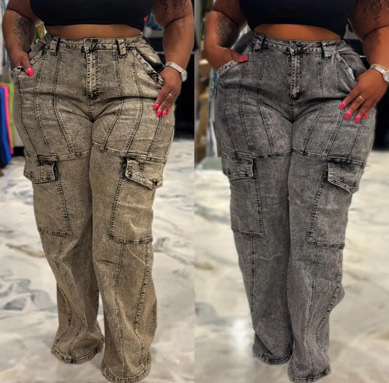 Levels To It Acid Wash Cargo Pants up to 3XL (Black Wash)