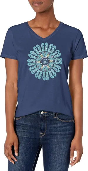 Life is Good. Womens Crusher Vee Flip Flop Mandala, Darkest Blue