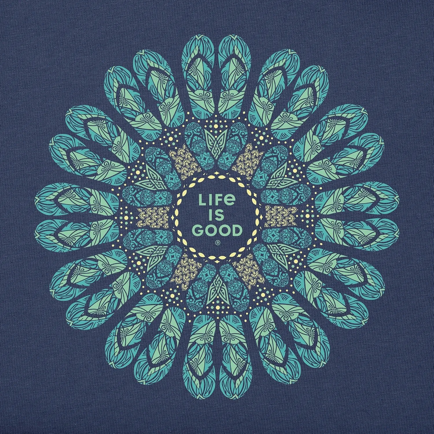 Life is Good. Womens Crusher Vee Flip Flop Mandala, Darkest Blue