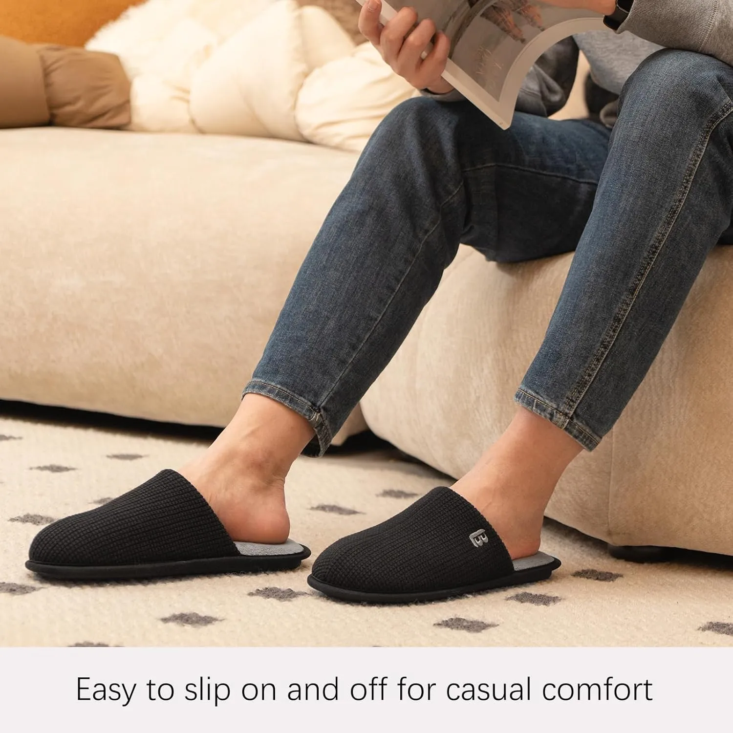 LongBay Mens House Slippers Comfy Knit Scuff Lightweight Memory Foam Slip On Bedroom Shoes for Indoor Outdoor Travel