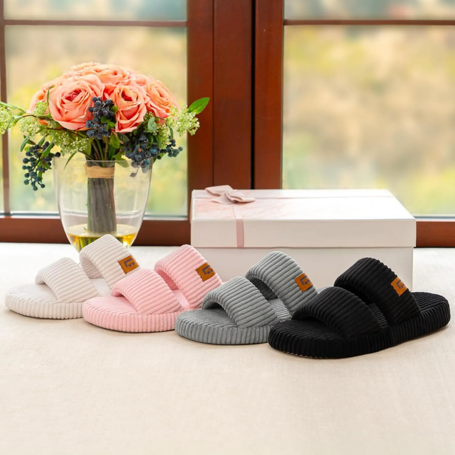 LongBay Slippers for Women Memory Foam Open Toe Slip On Bedroom Comfy House Shoes with Dual-Strap