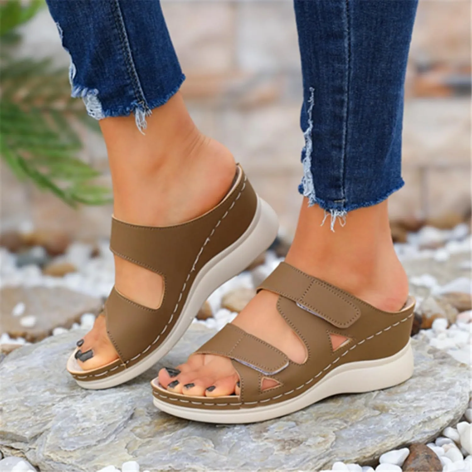 Low Wedges Heels for Women Summer Dressy Sandals Soft Leather Sandal, Rubber Sole, Comfortable Walking, Casual Slip on Shoes