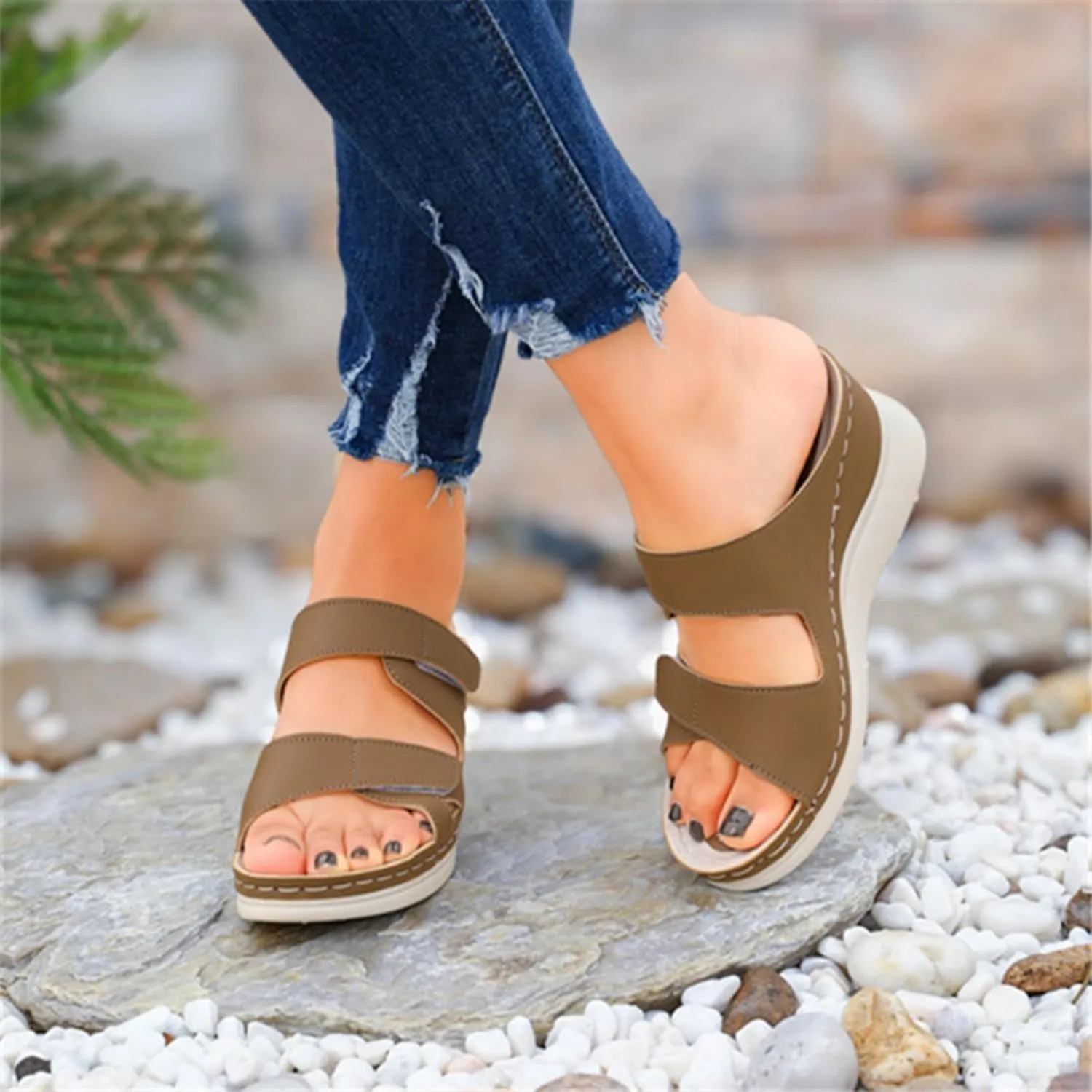 Low Wedges Heels for Women Summer Dressy Sandals Soft Leather Sandal, Rubber Sole, Comfortable Walking, Casual Slip on Shoes