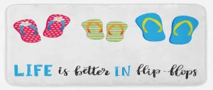 Lunarable Ocean Saying Kitchen Mat, Summer Love Saying with Life is Better in Flip Flops Calligraphy Beach Shoes, Plush Decorative Kitchen Mat with Non Slip Backing, 47" X 19", White Blue