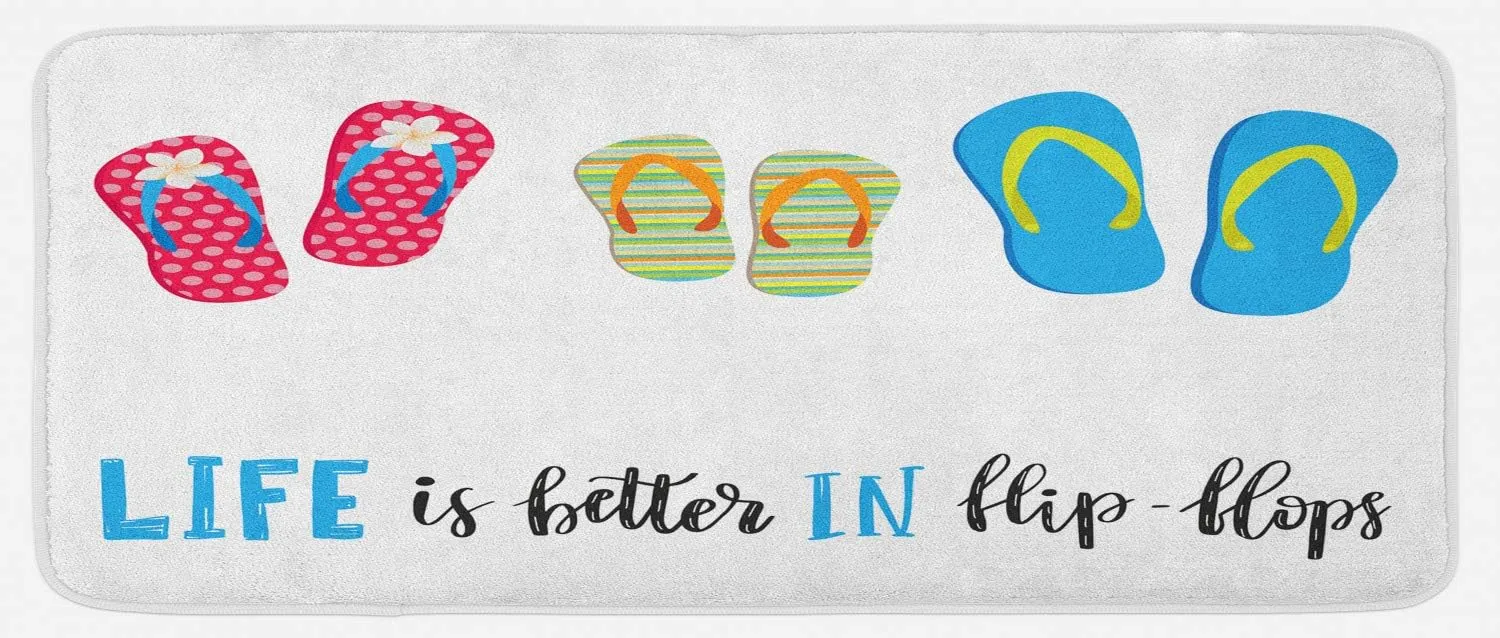 Lunarable Ocean Saying Kitchen Mat, Summer Love Saying with Life is Better in Flip Flops Calligraphy Beach Shoes, Plush Decorative Kitchen Mat with Non Slip Backing, 47" X 19", White Blue