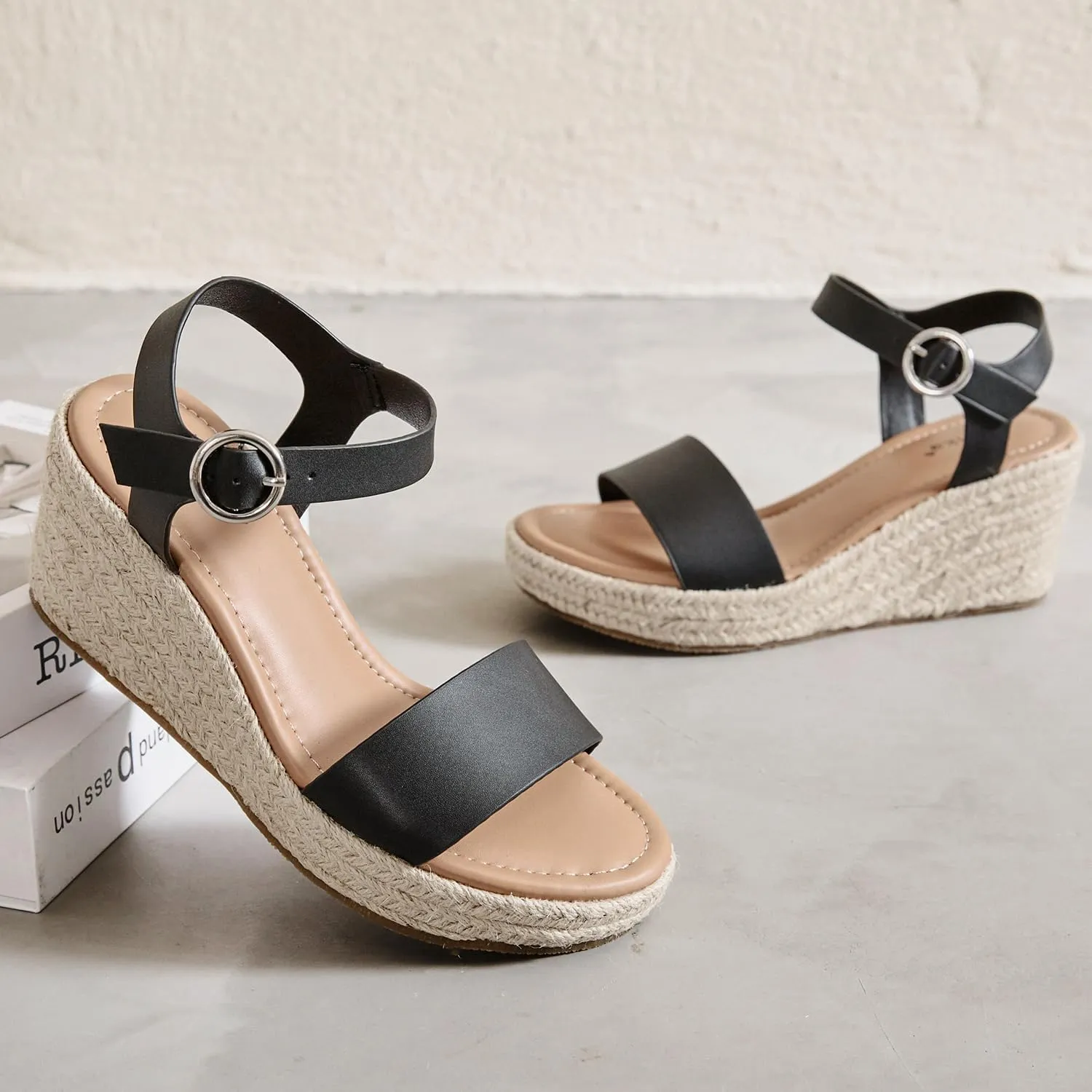 Luoika Women's Wide Width Wedge Sandals, Ankle Strap Open Toe Platform Espadrille Wedge Pump Heel Women's Sandals Concise Casual Summer Shoes.