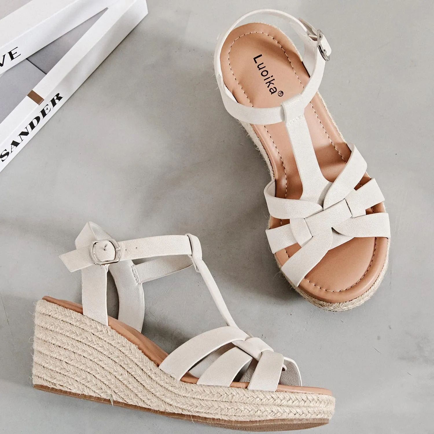 Luoika Women's Wide Width Wedge Sandals, Platform Ankle Strap Open Toe Espadrille Wedge Pump Heel Women's Sandals Concise Casual Summer Shoes.