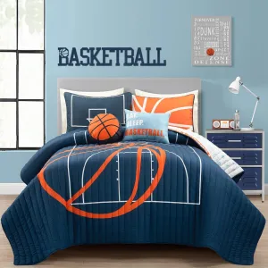 Lush Decor Basketball Game Reversible Quilt Set, 5 Piece Set, Full/ Queen, Navy - Soft Teen Bedding Set - Basketball Decor - Sports Quilt - Kids Bedroom Decor