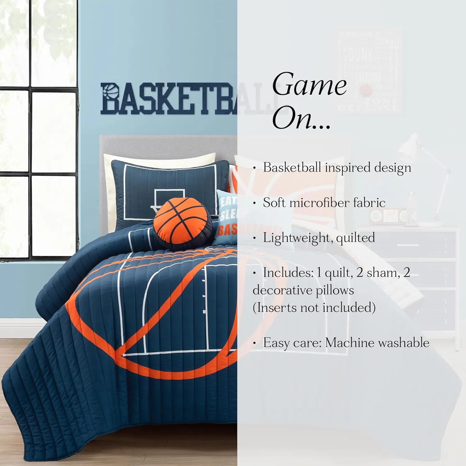 Lush Decor Basketball Game Reversible Quilt Set, 5 Piece Set, Full/ Queen, Navy - Soft Teen Bedding Set - Basketball Decor - Sports Quilt - Kids Bedroom Decor