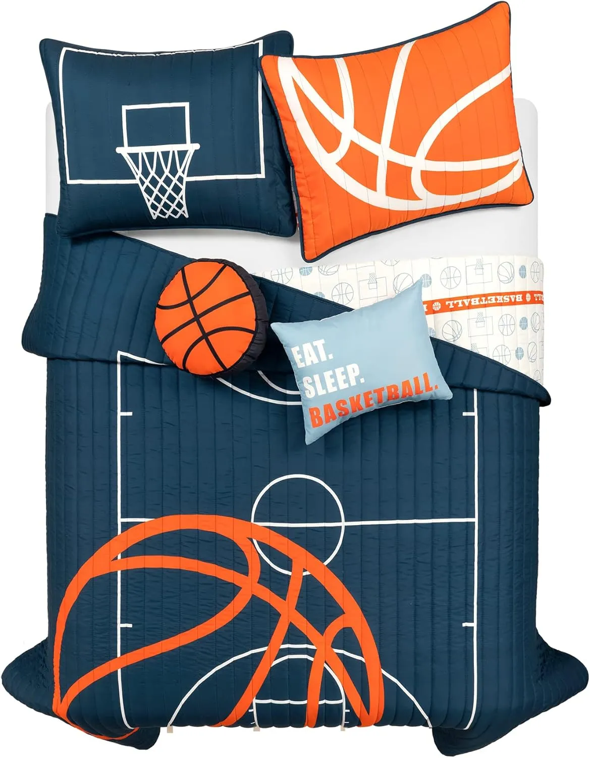 Lush Decor Basketball Game Reversible Quilt Set, 5 Piece Set, Full/ Queen, Navy - Soft Teen Bedding Set - Basketball Decor - Sports Quilt - Kids Bedroom Decor