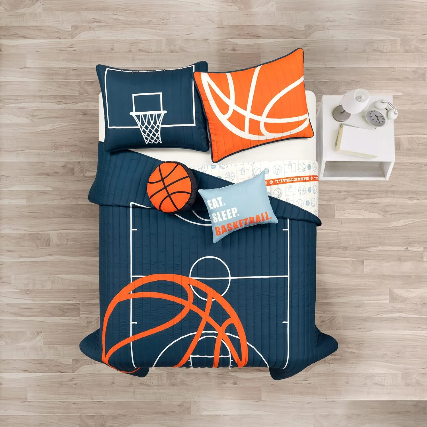 Lush Decor Basketball Game Reversible Quilt Set, 5 Piece Set, Full/ Queen, Navy - Soft Teen Bedding Set - Basketball Decor - Sports Quilt - Kids Bedroom Decor