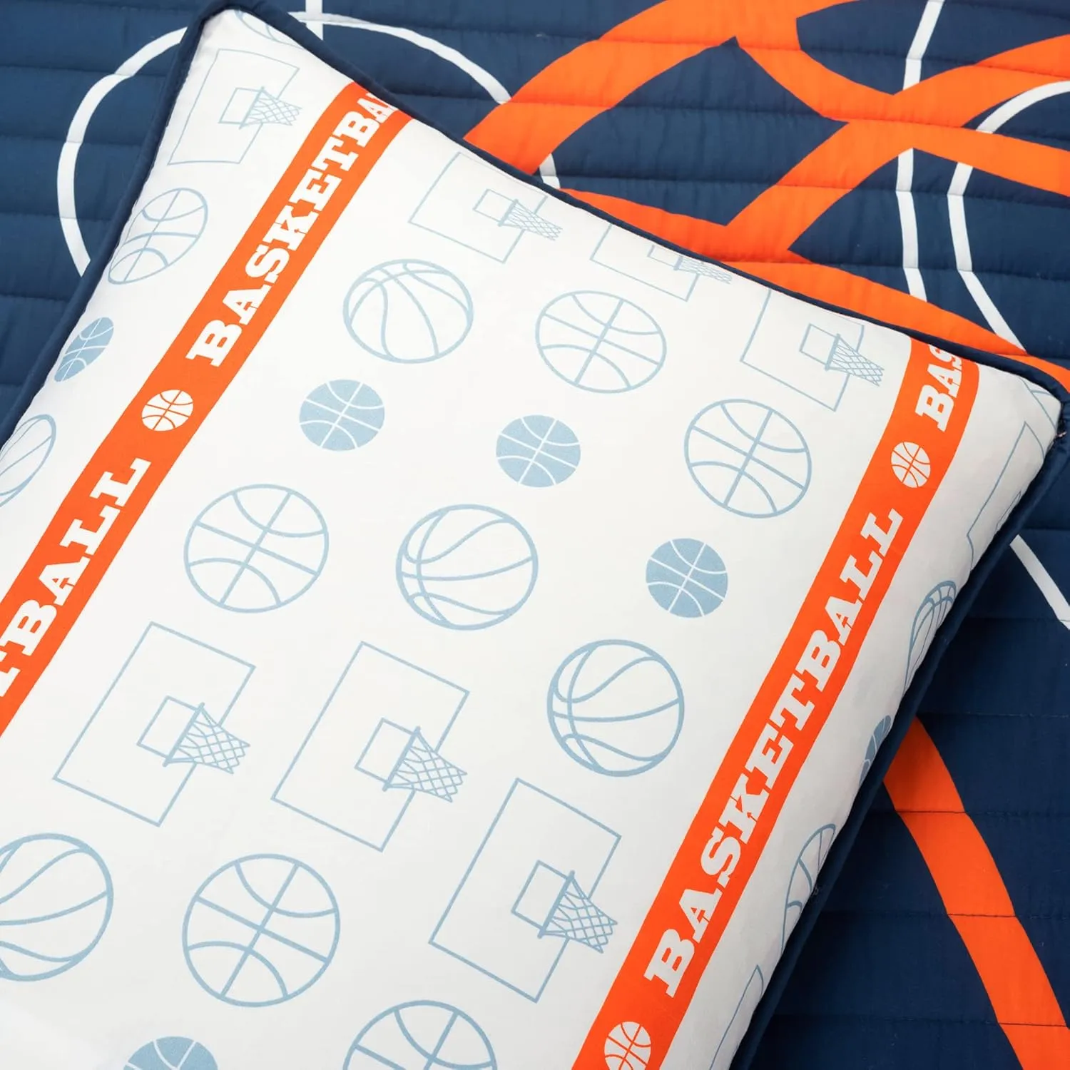 Lush Decor Basketball Game Reversible Quilt Set, 5 Piece Set, Full/ Queen, Navy - Soft Teen Bedding Set - Basketball Decor - Sports Quilt - Kids Bedroom Decor