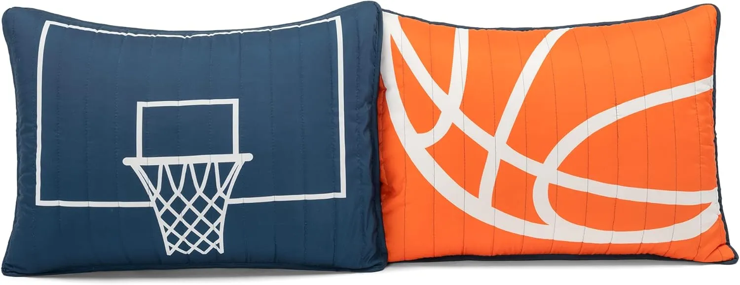 Lush Decor Basketball Game Reversible Quilt Set, 5 Piece Set, Full/ Queen, Navy - Soft Teen Bedding Set - Basketball Decor - Sports Quilt - Kids Bedroom Decor