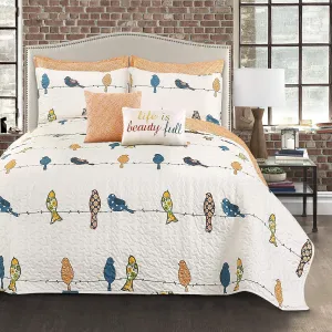 Lush Decor Rowley Birds Quilt Set, 7 Piece Set, King, Multi - Reversible Bird Bedding Set With Pillow Cases & Throw Pillows - Colorful, Whimsical, & Playful Floral Bird Print
