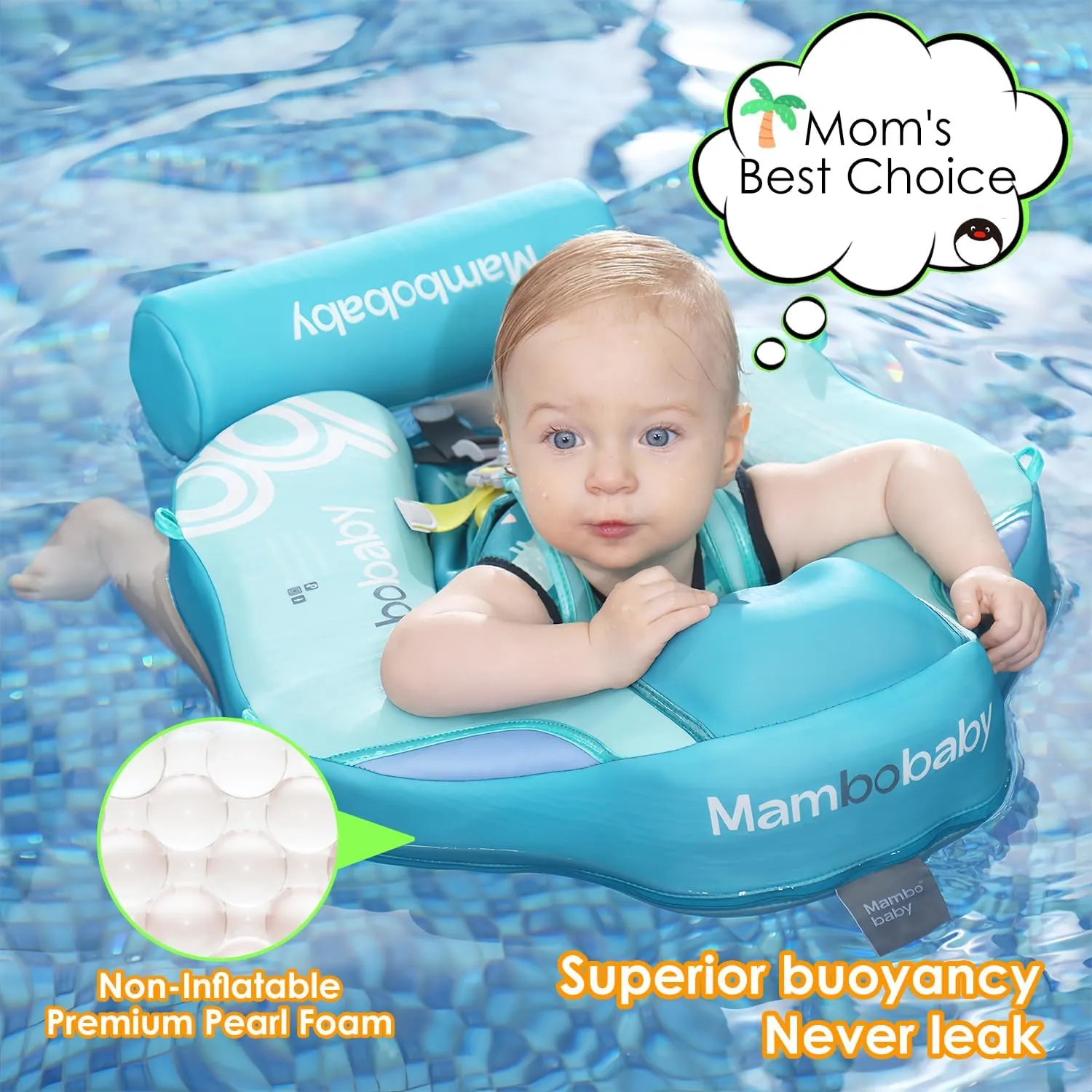 Mambobaby Baby Pool Float with Canopy, Non-Inflatable Infant Swimming Float, Soft Waterproof Skin-Friendly Material, Solid Avoid Flip Floatie with Tail, UPF 50  Bathtub Swim Ring for 3-24 Months Kids