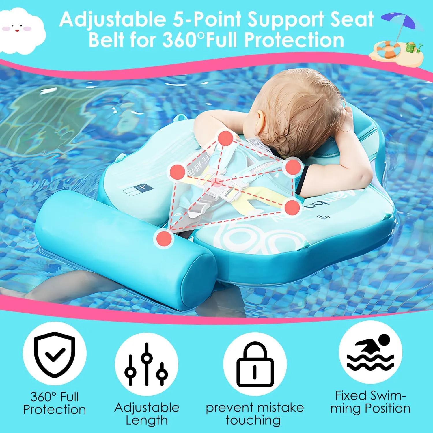 Mambobaby Baby Pool Float with Canopy, Non-Inflatable Infant Swimming Float, Soft Waterproof Skin-Friendly Material, Solid Avoid Flip Floatie with Tail, UPF 50  Bathtub Swim Ring for 3-24 Months Kids
