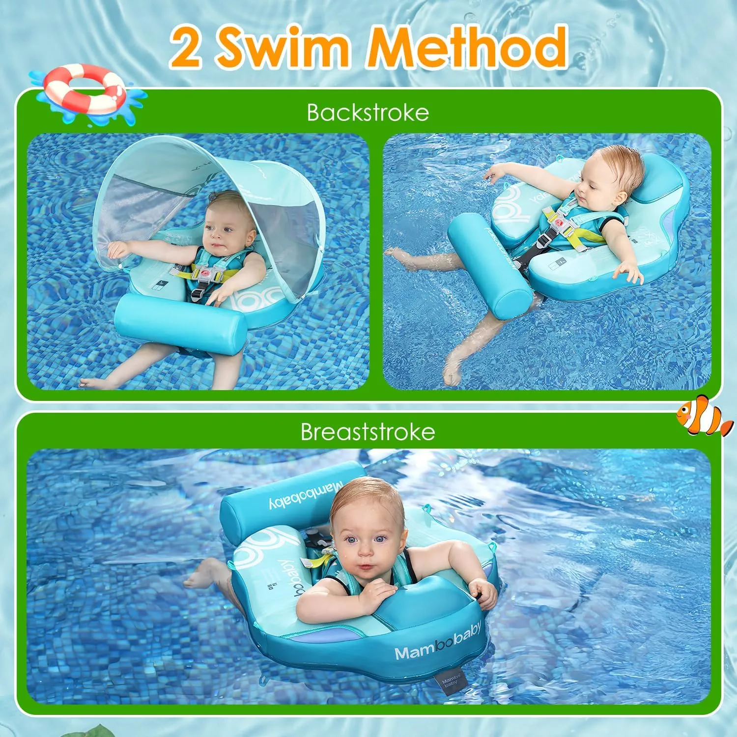 Mambobaby Baby Pool Float with Canopy, Non-Inflatable Infant Swimming Float, Soft Waterproof Skin-Friendly Material, Solid Avoid Flip Floatie with Tail, UPF 50  Bathtub Swim Ring for 3-24 Months Kids