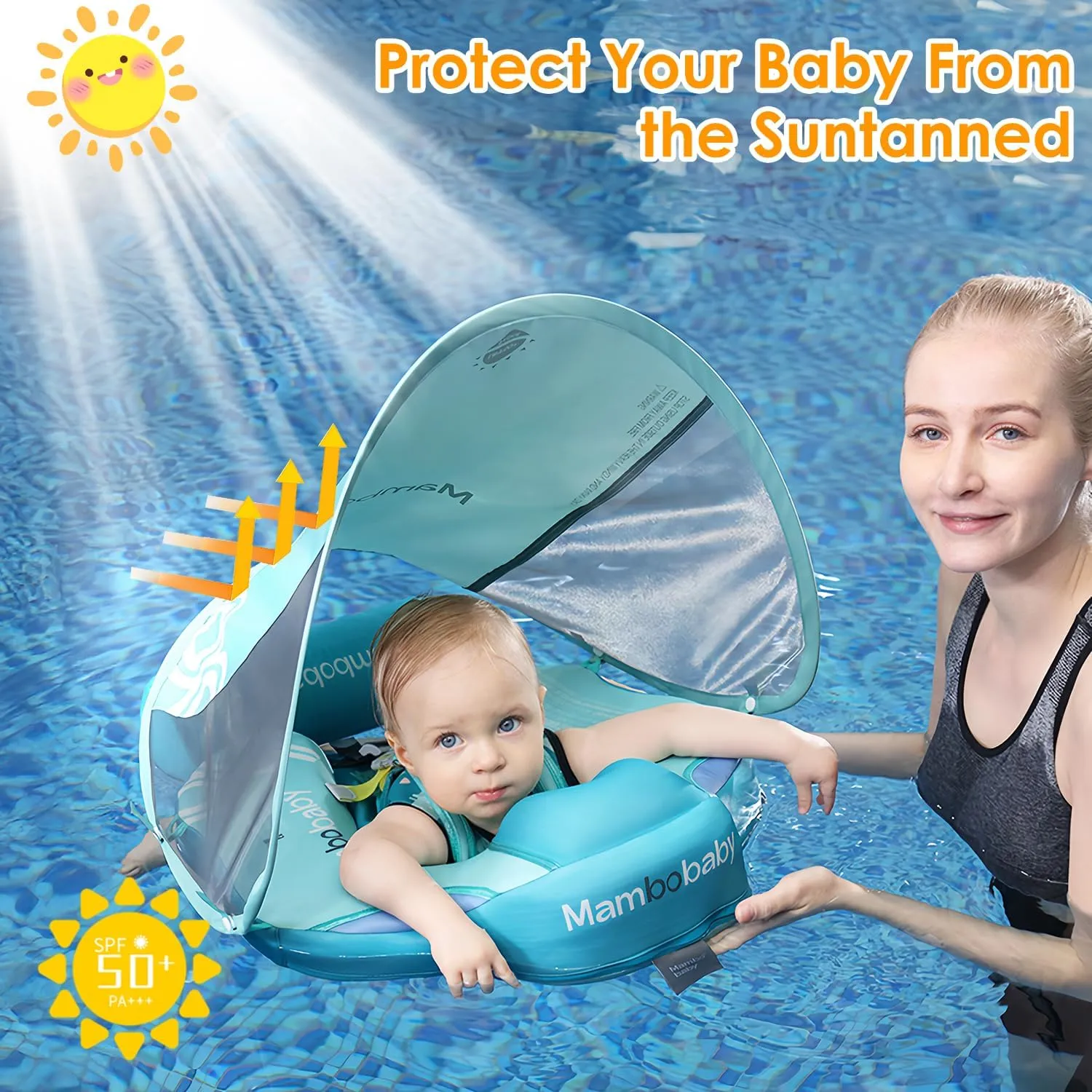 Mambobaby Baby Pool Float with Canopy, Non-Inflatable Infant Swimming Float, Soft Waterproof Skin-Friendly Material, Solid Avoid Flip Floatie with Tail, UPF 50  Bathtub Swim Ring for 3-24 Months Kids