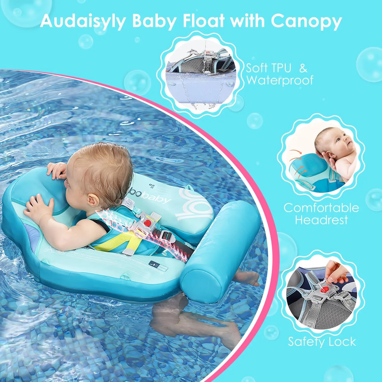 Mambobaby Baby Pool Float with Canopy, Non-Inflatable Infant Swimming Float, Soft Waterproof Skin-Friendly Material, Solid Avoid Flip Floatie with Tail, UPF 50  Bathtub Swim Ring for 3-24 Months Kids