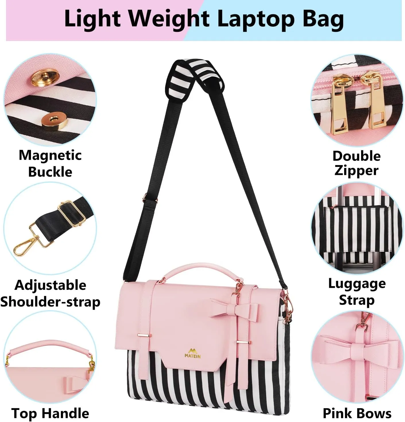 MATEIN Laptop Bag for Women, 15.6 inch Slim Computer Briefcase Sleeve Case, Lightweight Cute Girly Messenger Shoulder Carrying Work Tote Bag with Rfid Pocket, Sister Gifts for School Girl Office, Pink