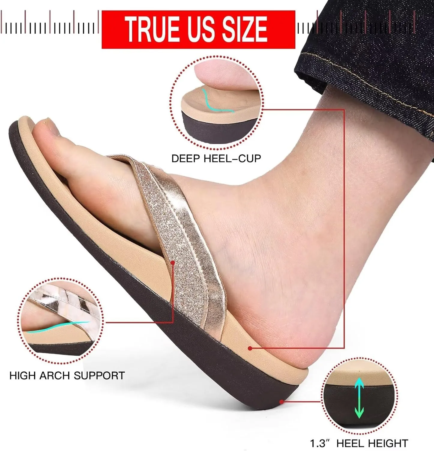 MEGNYA Comfortable Walking Flip Flops for Womens, Orthopedic Walking Sandals with Arch Support, Flat Feet Pain Relief Sandals for Beach, Summer, Pool