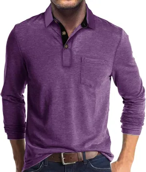 Men Fall Winter Polo Shirts Long Sleeved Flip Collar Tops Pocket Button V Neck T Shirts Golf Casual Sports Tops