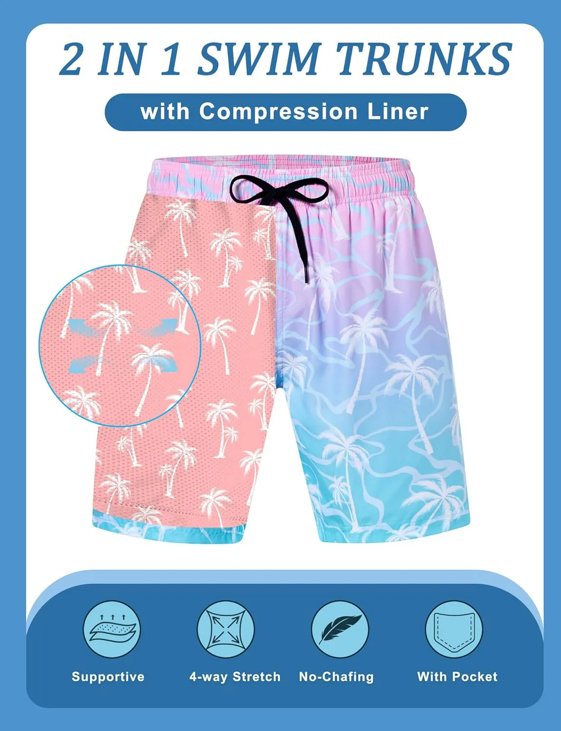 Mens Swim Trunks with Compression Liner 5.5" Inseam Quick Dry Swimsuit Shorts S-XXL