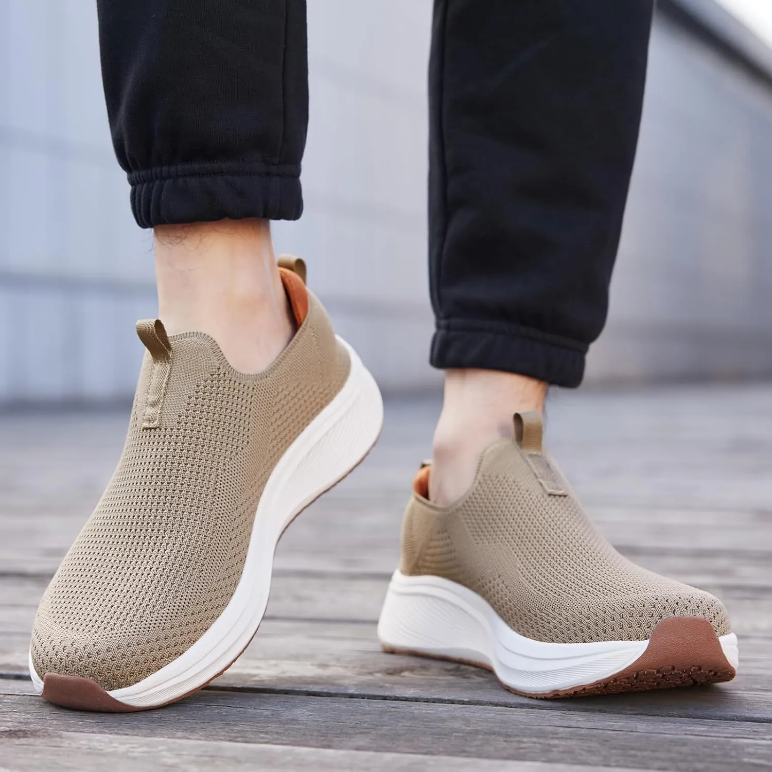 Men's Wide Non-Slip Walking Shoes Lightweight Breathable Knit Casual Sneakers Slip On Athletic Shoes Ultra Comfort Durable