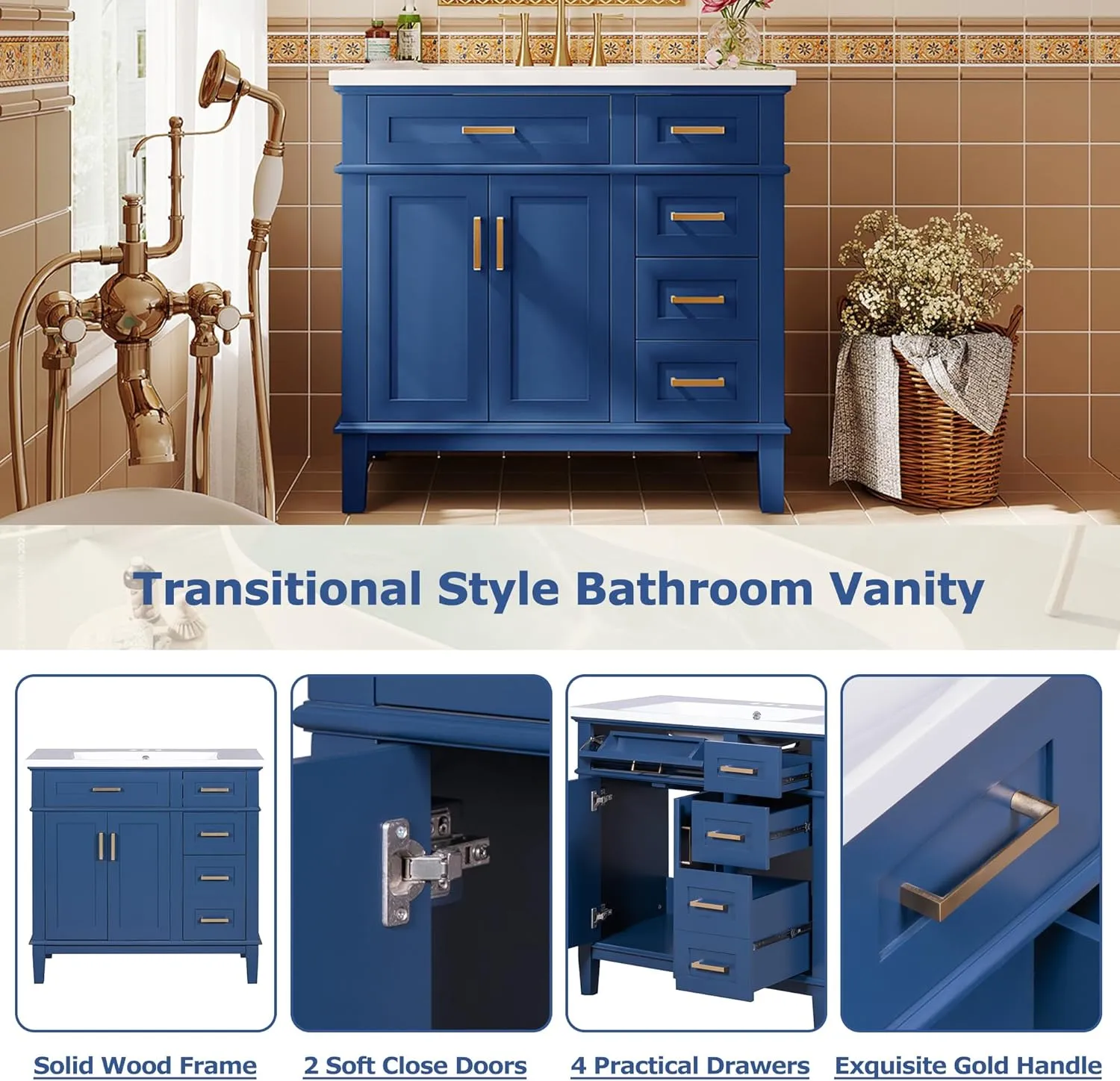 Merax 36" Bathroom Vanity with Sink, Modern Wood Bathroom Cabinet in Blue, Bathroom Vanity Set with Tip-Out Drawer, 4 Drawers & Double Doors,Undermount Ceramic Sink
