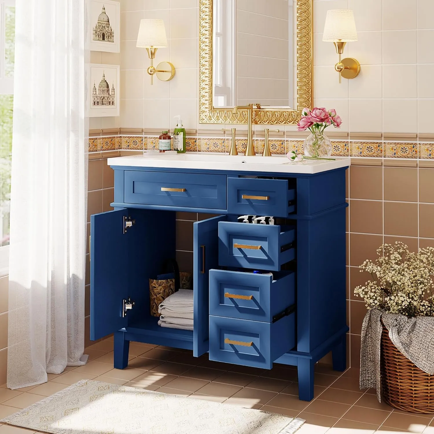 Merax 36" Bathroom Vanity with Sink, Modern Wood Bathroom Cabinet in Blue, Bathroom Vanity Set with Tip-Out Drawer, 4 Drawers & Double Doors,Undermount Ceramic Sink