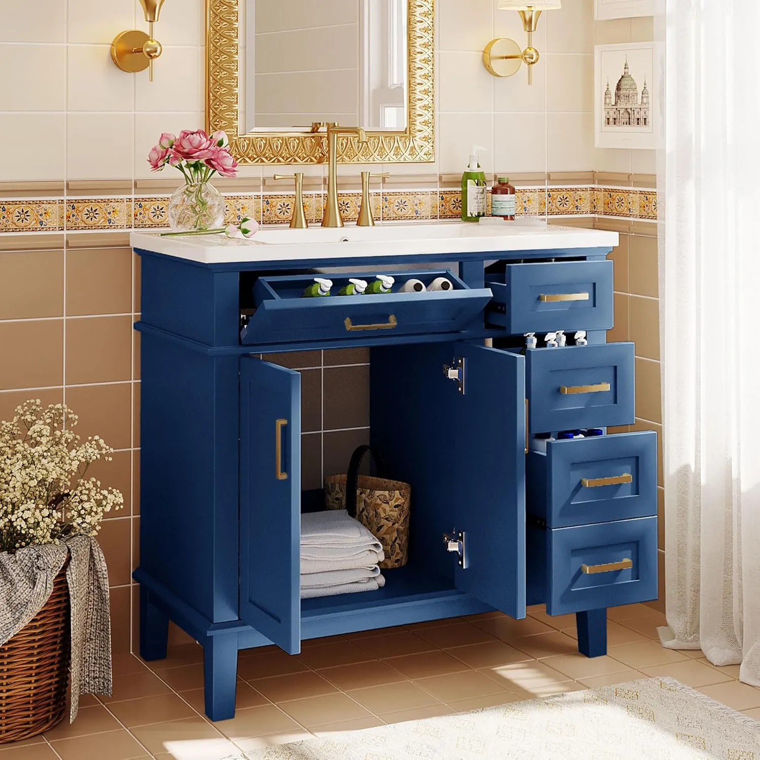 Merax 36" Bathroom Vanity with Sink, Modern Wood Bathroom Cabinet in Blue, Bathroom Vanity Set with Tip-Out Drawer, 4 Drawers & Double Doors,Undermount Ceramic Sink