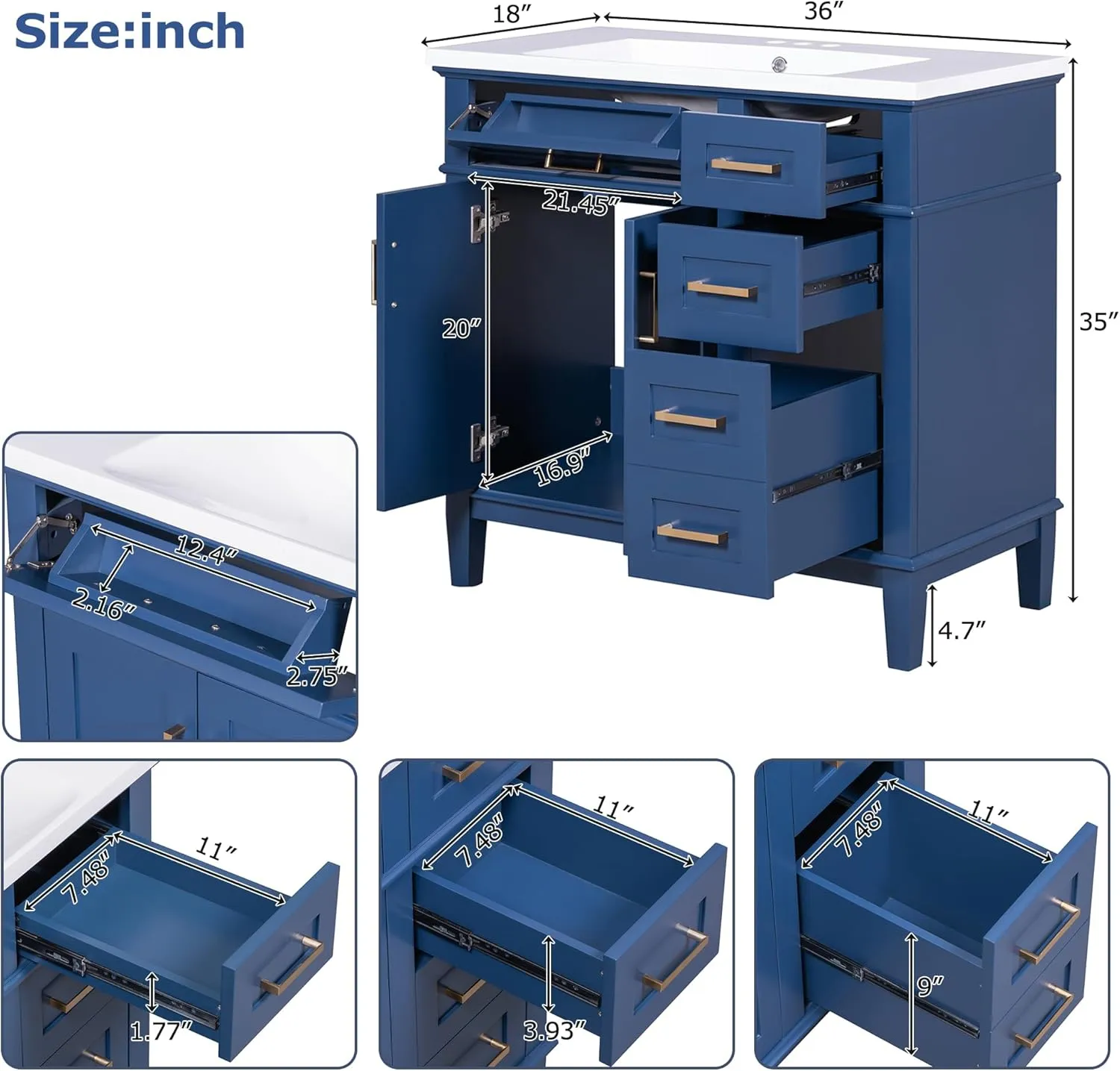 Merax 36" Bathroom Vanity with Sink, Modern Wood Bathroom Cabinet in Blue, Bathroom Vanity Set with Tip-Out Drawer, 4 Drawers & Double Doors,Undermount Ceramic Sink