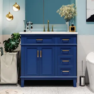 Merax 36" Bathroom Vanity with Sink, Modern Wood Bathroom Cabinet in Blue, Bathroom Vanity Set with Tip-Out Drawer, 4 Drawers & Double Doors,Undermount Ceramic Sink
