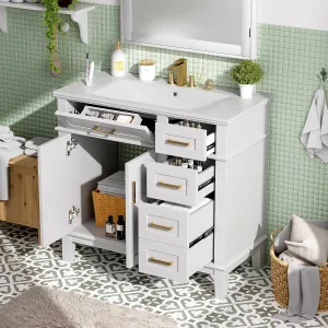 Merax 36" Bathroom Vanity with Sink, Modern Wood Bathroom Cabinet, White Bathroom Vanity Set with Tip-Out Drawer, 4 Drawers & Double Doors,Undermount Ceramic Sink