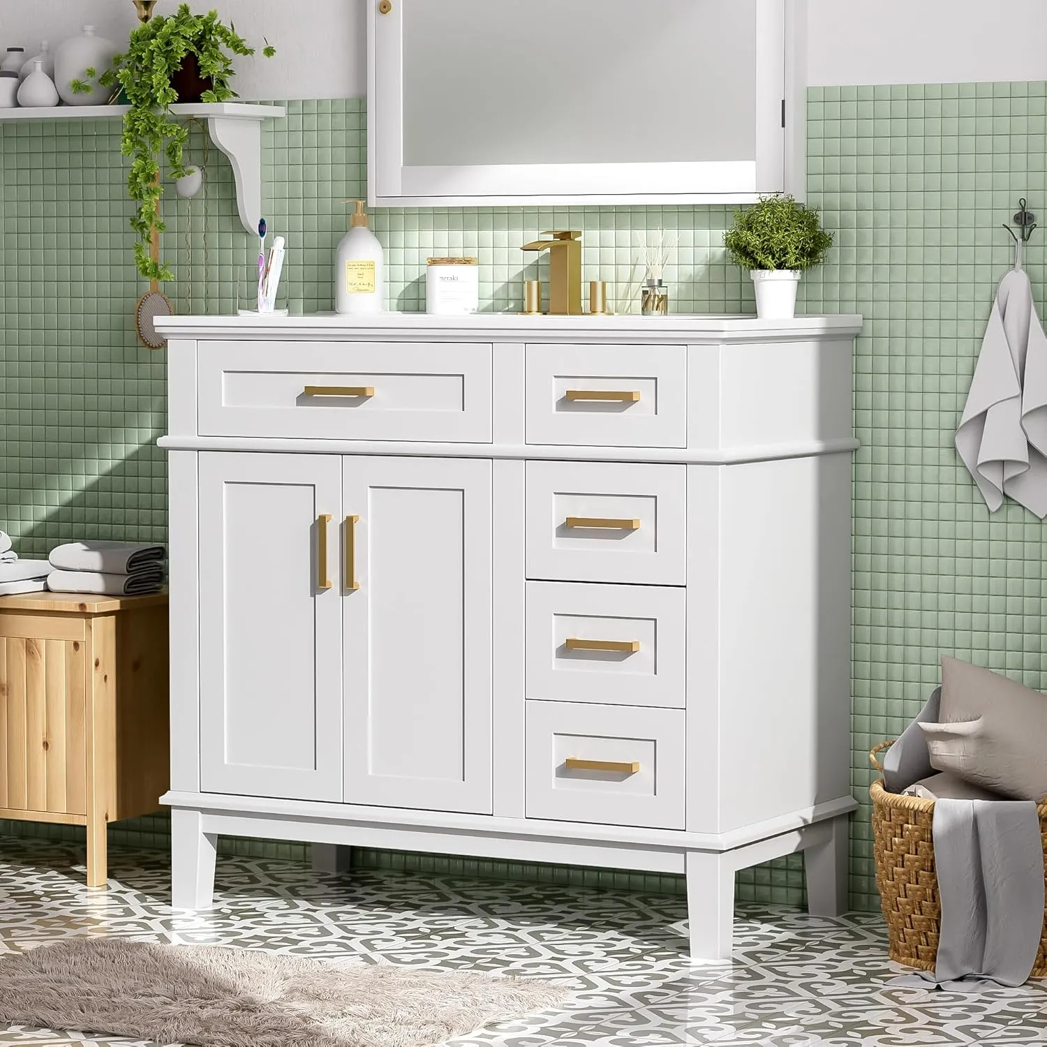 Merax 36" Bathroom Vanity with Sink, Modern Wood Bathroom Cabinet, White Bathroom Vanity Set with Tip-Out Drawer, 4 Drawers & Double Doors,Undermount Ceramic Sink