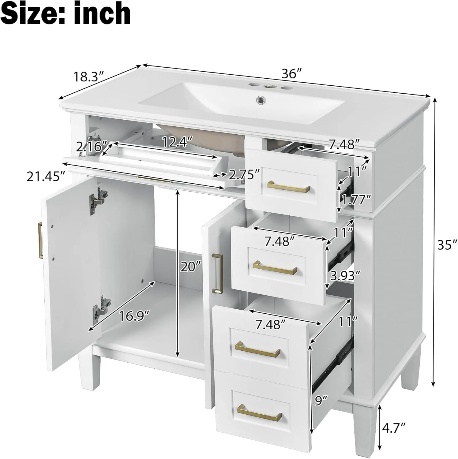Merax 36" Bathroom Vanity with Sink, Modern Wood Bathroom Cabinet, White Bathroom Vanity Set with Tip-Out Drawer, 4 Drawers & Double Doors,Undermount Ceramic Sink