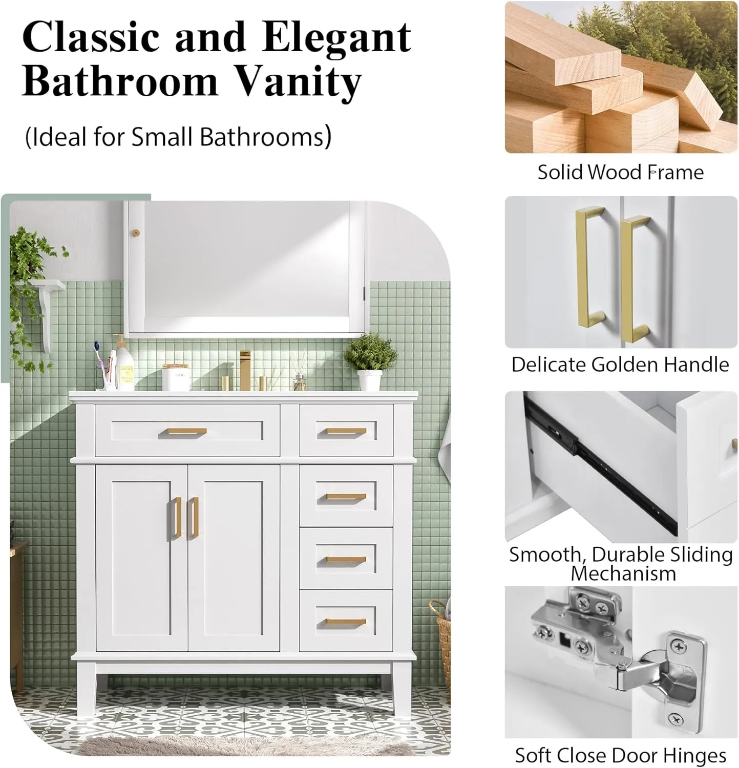 Merax 36" Bathroom Vanity with Sink, Modern Wood Bathroom Cabinet, White Bathroom Vanity Set with Tip-Out Drawer, 4 Drawers & Double Doors,Undermount Ceramic Sink