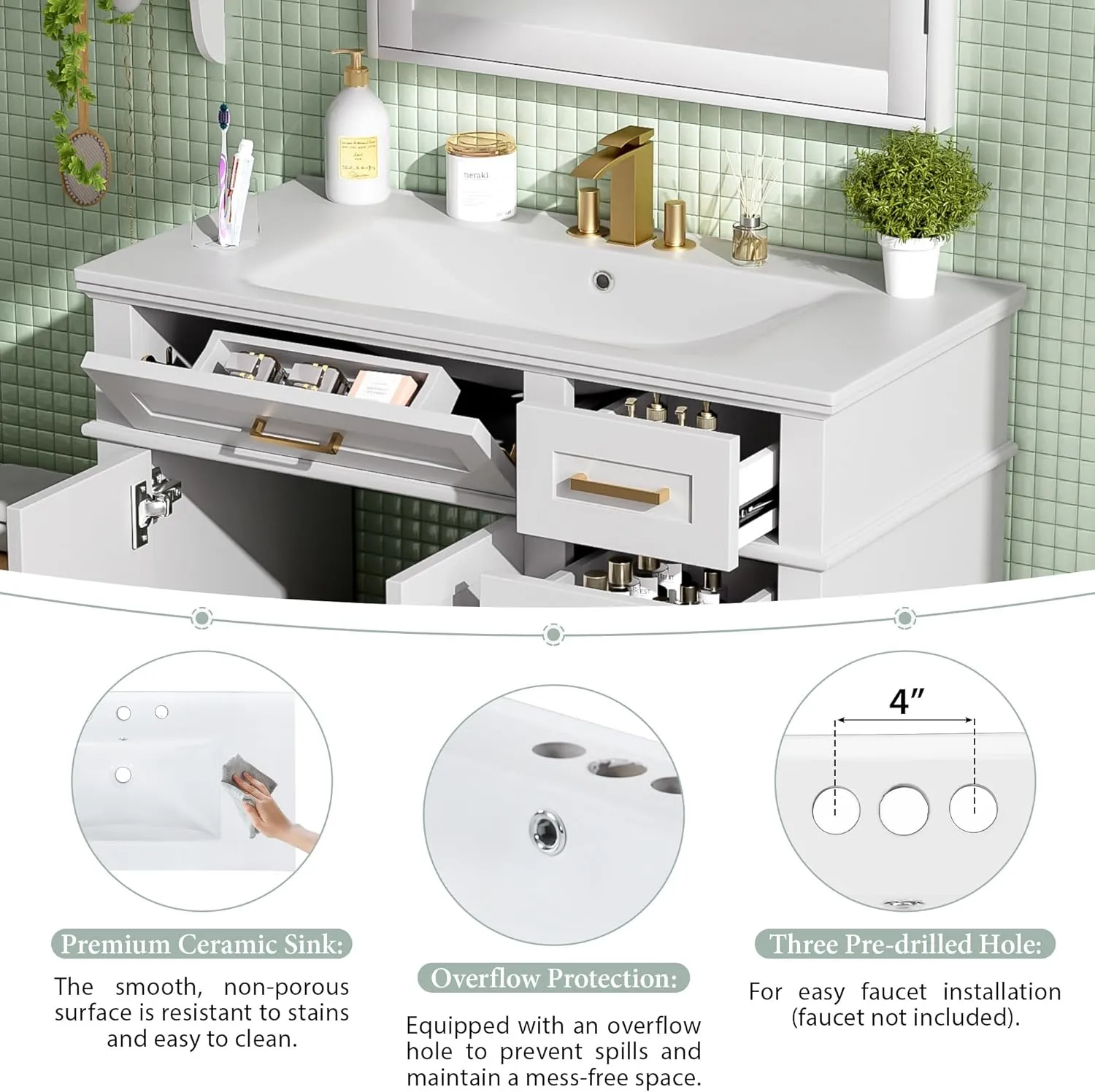 Merax 36" Bathroom Vanity with Sink, Modern Wood Bathroom Cabinet, White Bathroom Vanity Set with Tip-Out Drawer, 4 Drawers & Double Doors,Undermount Ceramic Sink