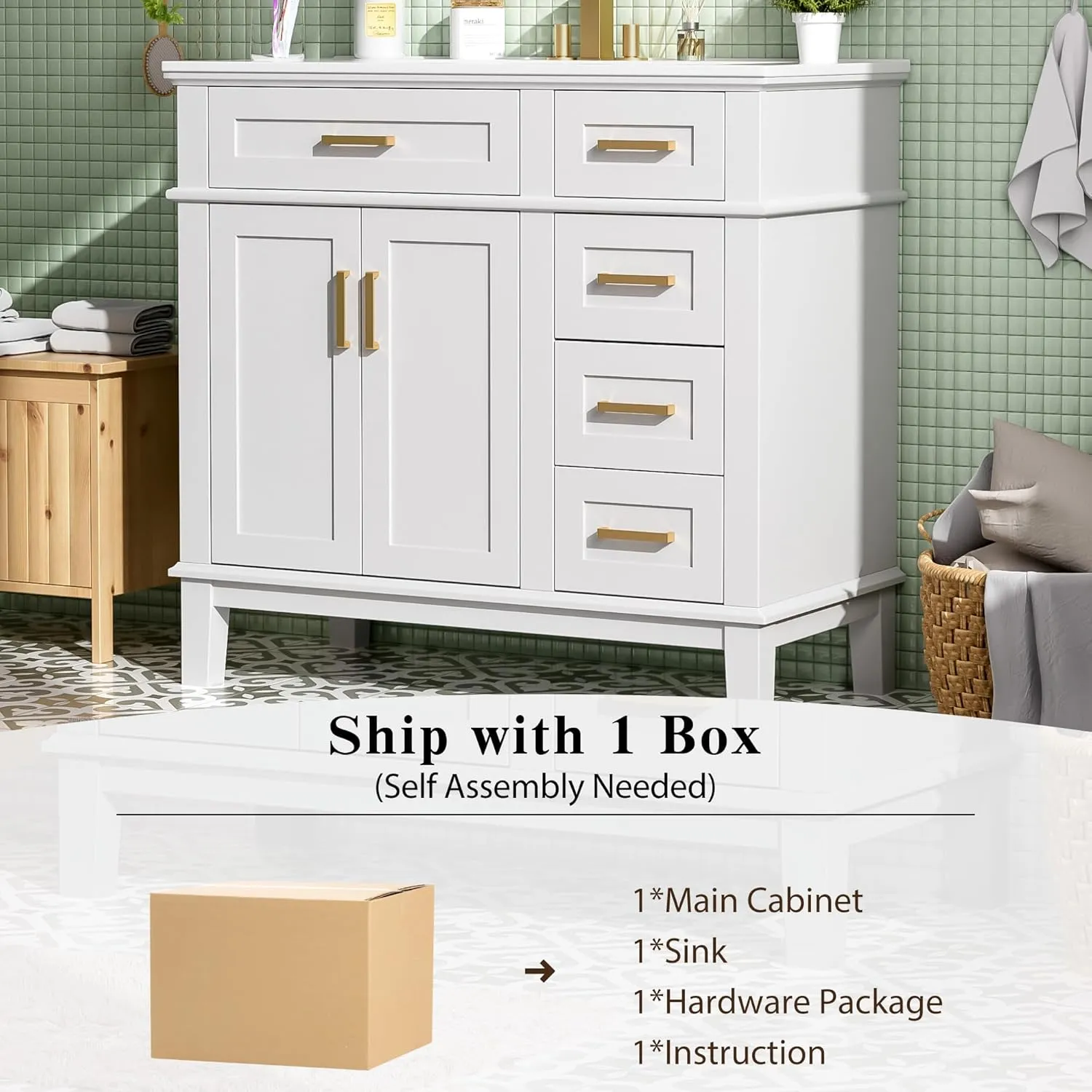 Merax 36" Bathroom Vanity with Sink, Modern Wood Bathroom Cabinet, White Bathroom Vanity Set with Tip-Out Drawer, 4 Drawers & Double Doors,Undermount Ceramic Sink