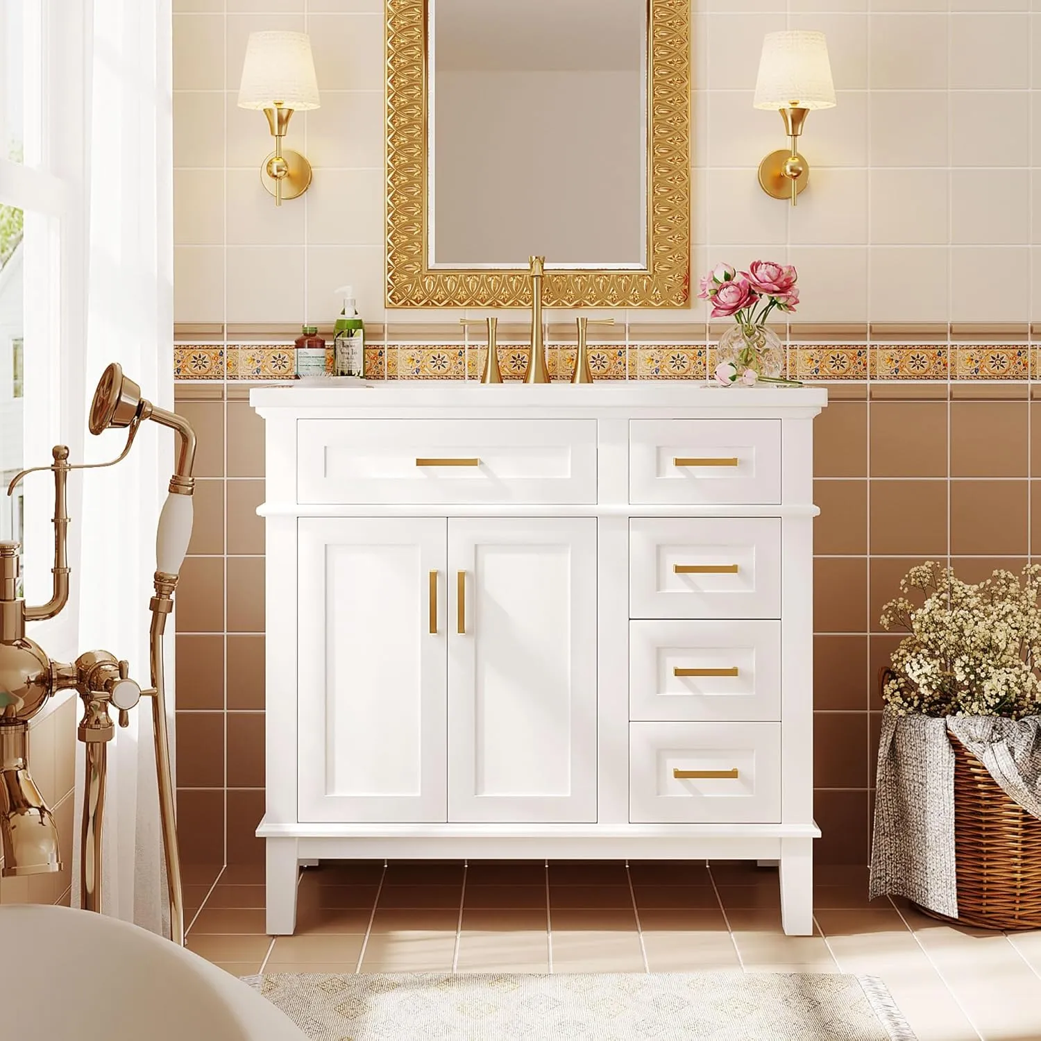 Merax 36" Bathroom Vanity with Sink, Modern Wood Bathroom Cabinet, White Bathroom Vanity Set with Tip-Out Drawer, 4 Drawers & Double Doors,Undermount Ceramic Sink