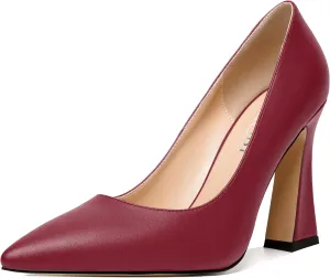 MERRORI Women's Chunky High Heels Slip On Block Pointed Toe Matte Dress Wedding Heel Pumps Shoes 4 Inch