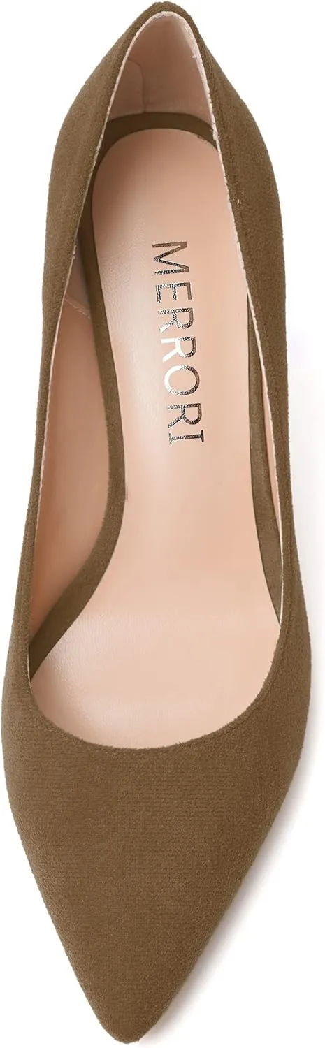 MERRORI Women's High Chunky Heels Block Suede Pointed Toe Office Slip On Dress Heel Pumps Shoes 3.3 Inch