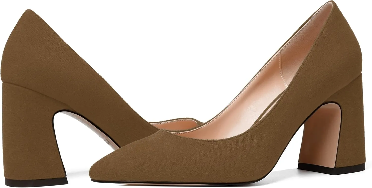 MERRORI Women's High Chunky Heels Block Suede Pointed Toe Office Slip On Dress Heel Pumps Shoes 3.3 Inch