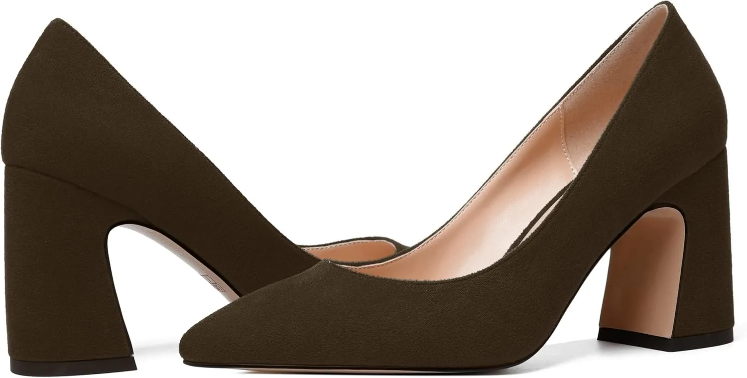 MERRORI Women's High Chunky Heels Block Suede Pointed Toe Office Slip On Dress Heel Pumps Shoes 3.3 Inch