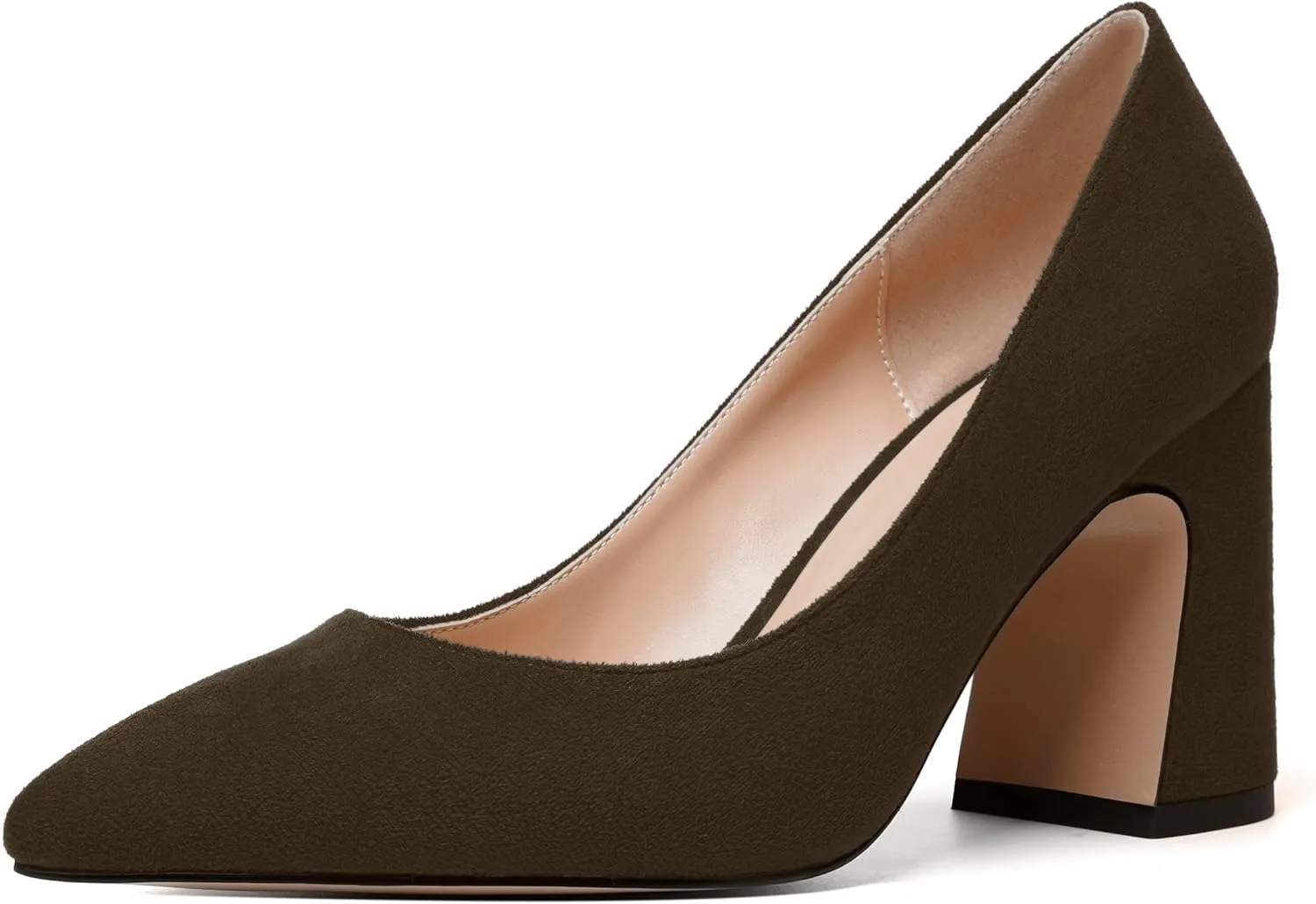 MERRORI Women's High Chunky Heels Block Suede Pointed Toe Office Slip On Dress Heel Pumps Shoes 3.3 Inch